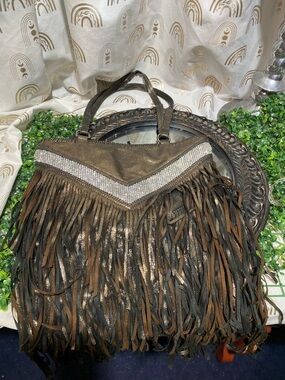 Vintage Charming Charlie Metallic Brown Fringe Tote with Crystal Chevron